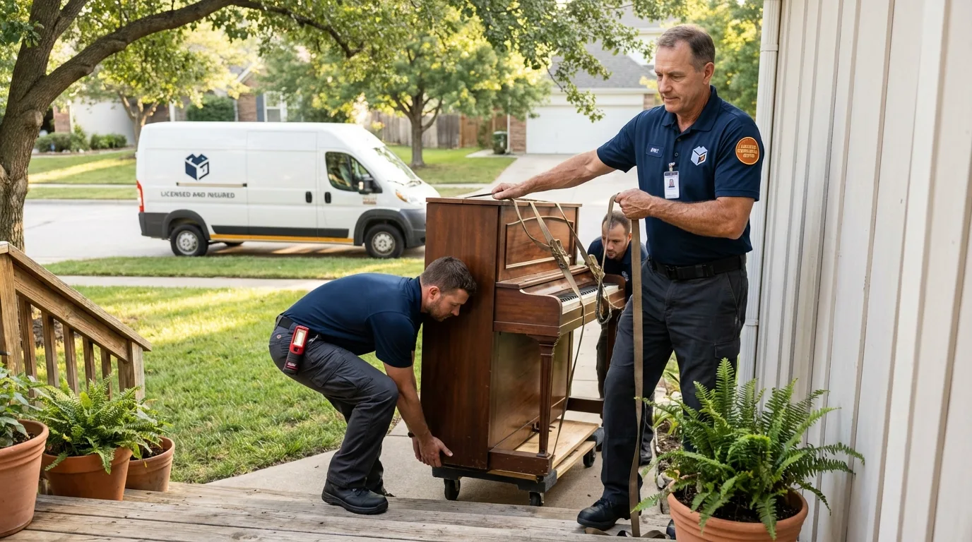 Licensed piano movers securing grand piano in Kalama, WA