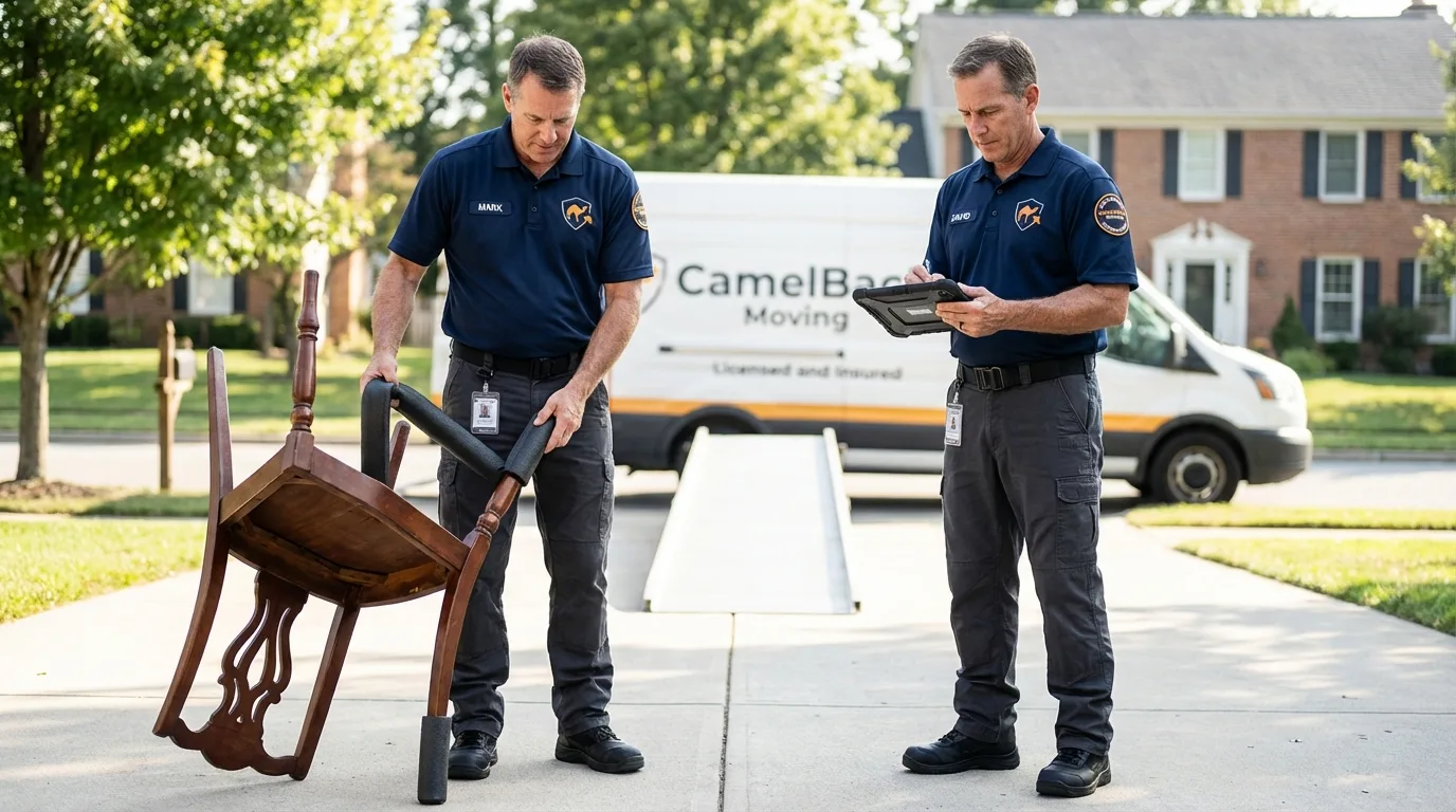 Movers inspecting furniture for damage prevention before loading in Kalama, WA