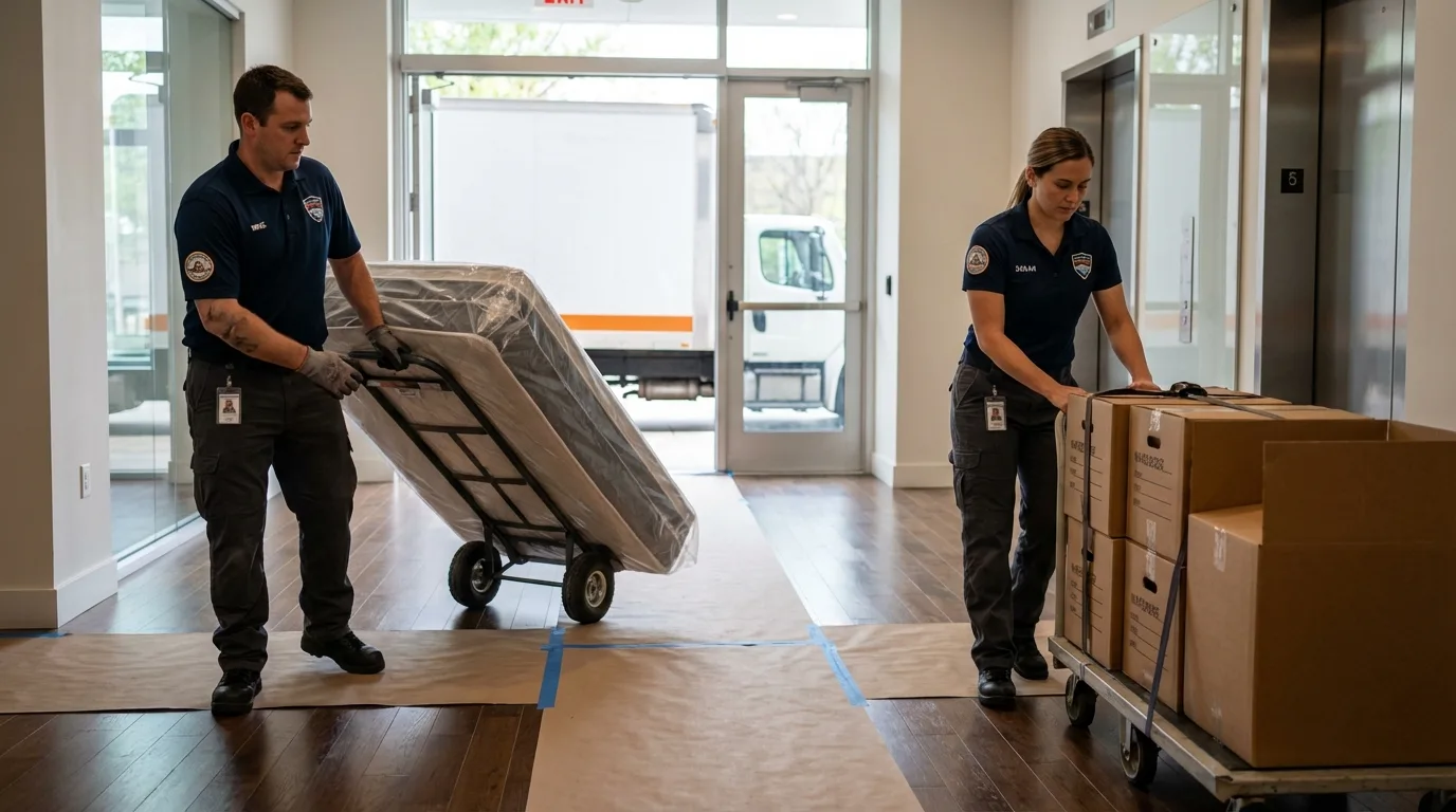 Professional apartment movers loading elevator in Kalama, WA